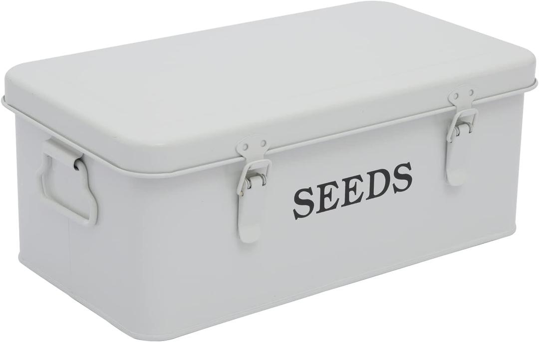 Seed Saving Box, Metal Seed Bin, Seed Storage Organizer, Seed Packet Container with Lid, Seed Envelope Storage Box, 4 Compartments Garden Seed Bin with Safety Locks-White