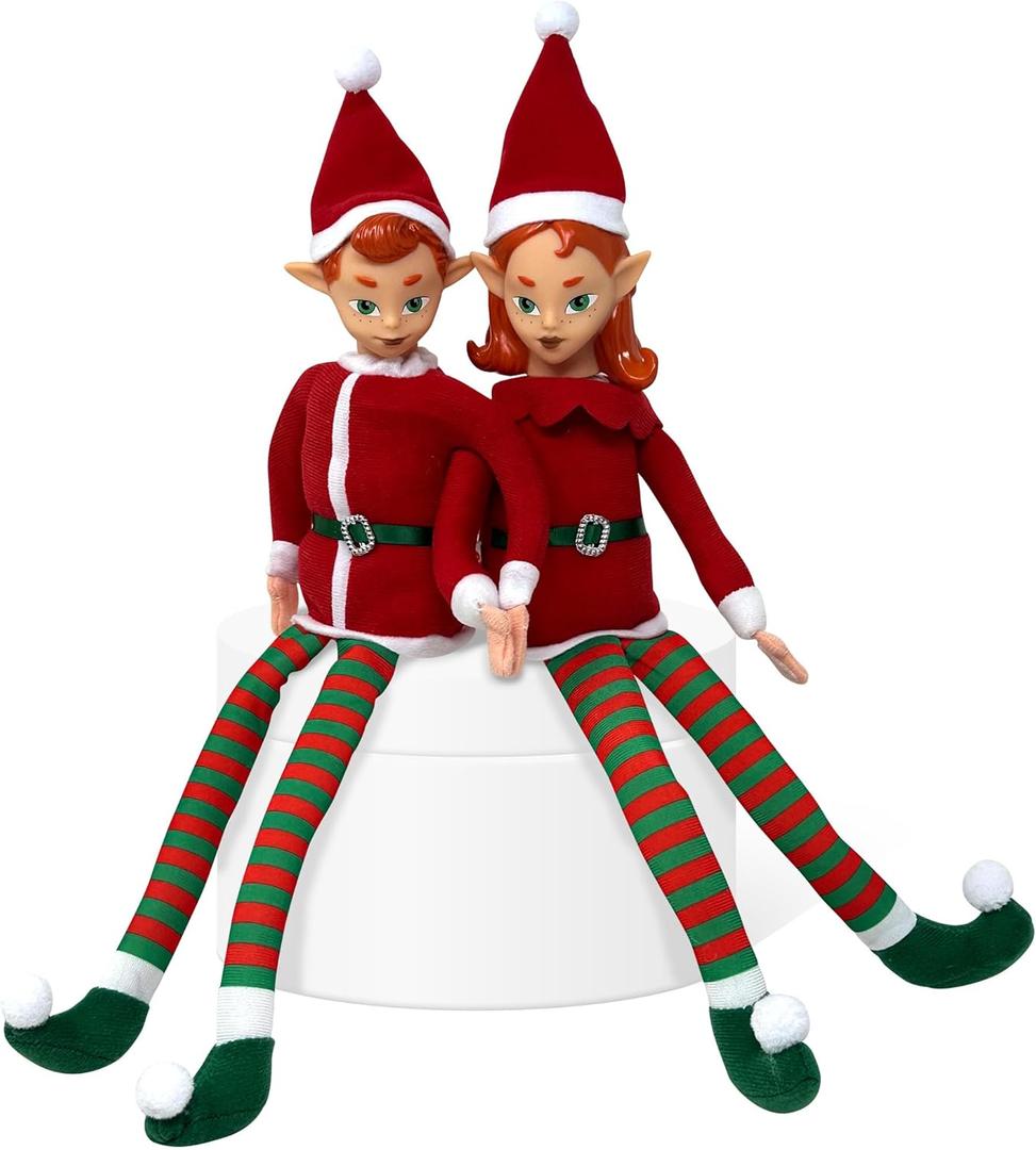 The Original Elf 12" Plush (Boy and Girl) Christmas Elf Doll Set  Poseable Shelf Sitter with Flaxible Dangling Legs  Perfect for Christmas Decorations, Toy Elf for Kids and Elf Tree Topper