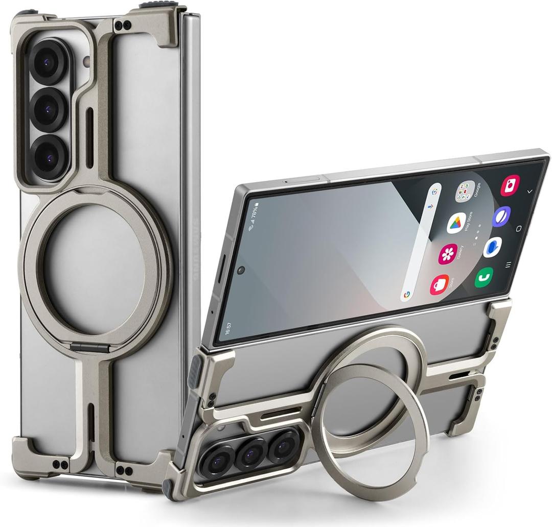 OATSBASF for Samsung Galaxy Z Fold 6 Bumper Case, with Kickstand 360 Rotatable Magnetic Stand Case, Minimalist Phone Case for Galaxy Z Fold 6, Frameless Metal Case, Natural Titanium