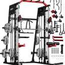 GarveeLife Smith Machine Home Gym All in One, 2200LBS Squat Rack Power Cage with Smith Bar, LAT Pull-Down, Cable Systems, Leg Hold-Down and More Attachments, Workout Equipment (Red Black)