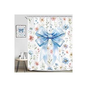 Ufeela Blue Bow Floral Shower Curtain 60Wx72L Inch Spring Watercolor Bowknot Pastel Wildflower Pretty Aesthetic Coquette Girly Women Bathroom Set Elegant Bath Curtain Bathtub Accessories Home Decor