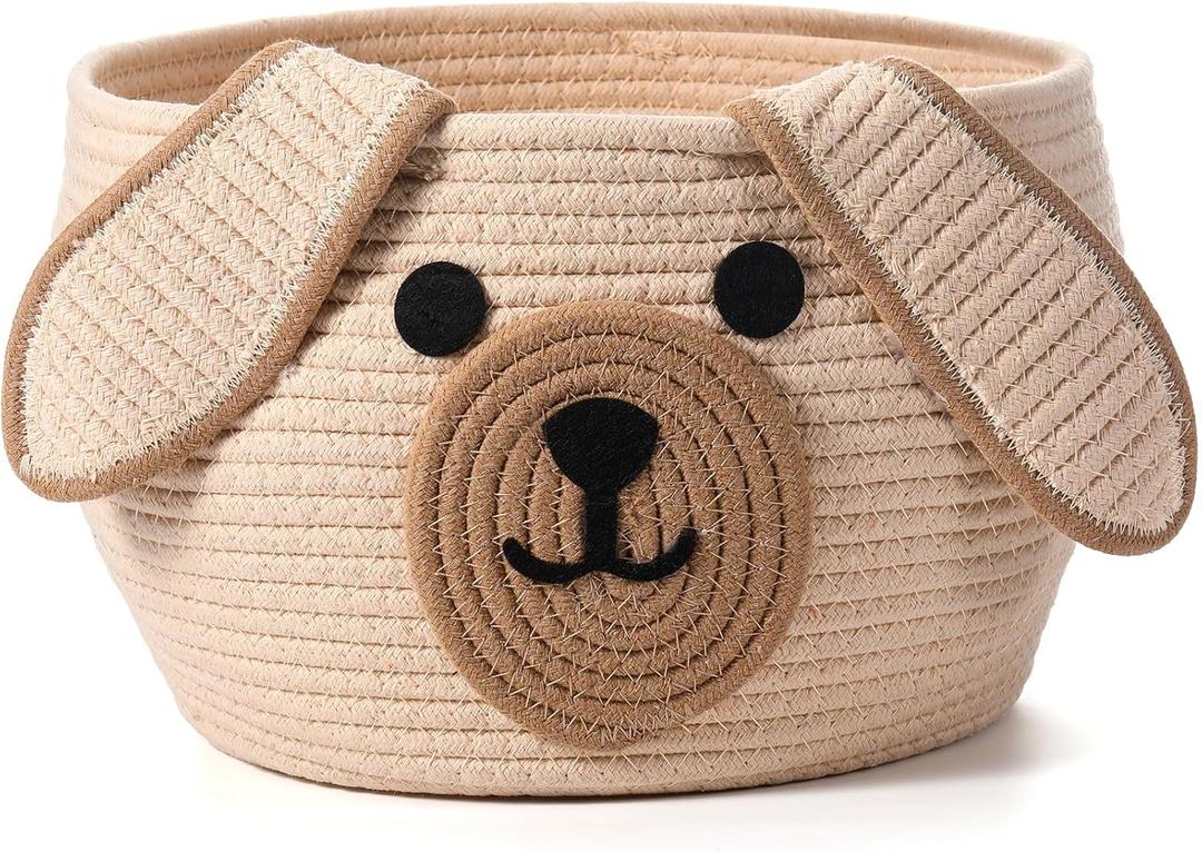 Zopeal Dog Woven Basket Cute Woven Cotton Rope Puppy Animal Storage Basket for Laundry Toy Gift(Khaki,13 x 8 Inch)