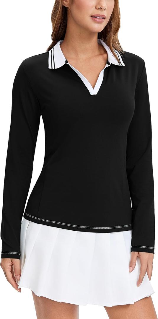 MathCat Women's Golf Shirts, Long Sleeve Polo Shirts Collared V Neck Tennis Shirts Breathable Athletic Tops (Large, Black)
