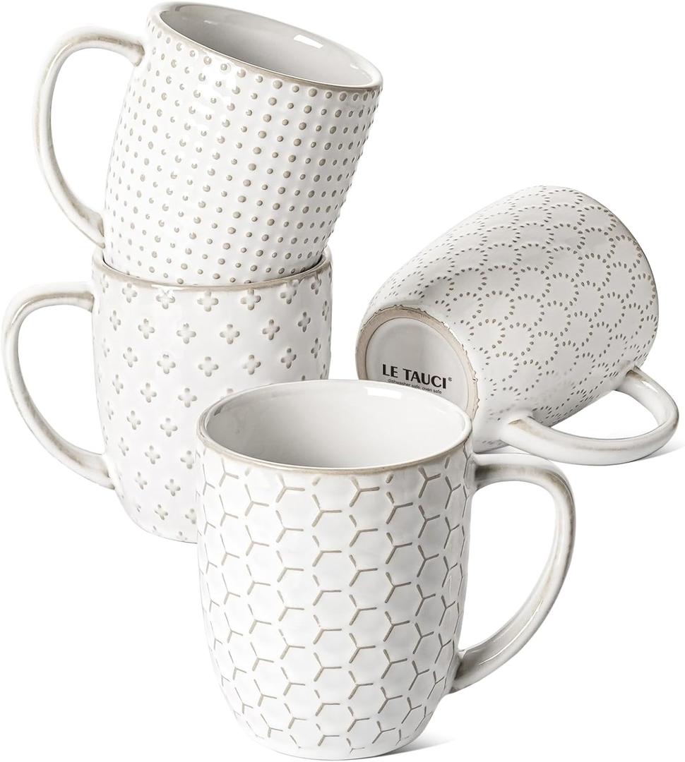 LE TAUCI Coffee Mugs 12 oz, Ceramic Mug Set Set of 4, Embossment Cups for Espresso, Latte, Tea, Cocoa, Cappuccino & Mocha, Dishwasher Oven Microwave Safe - 3.4 inch, Arctic White