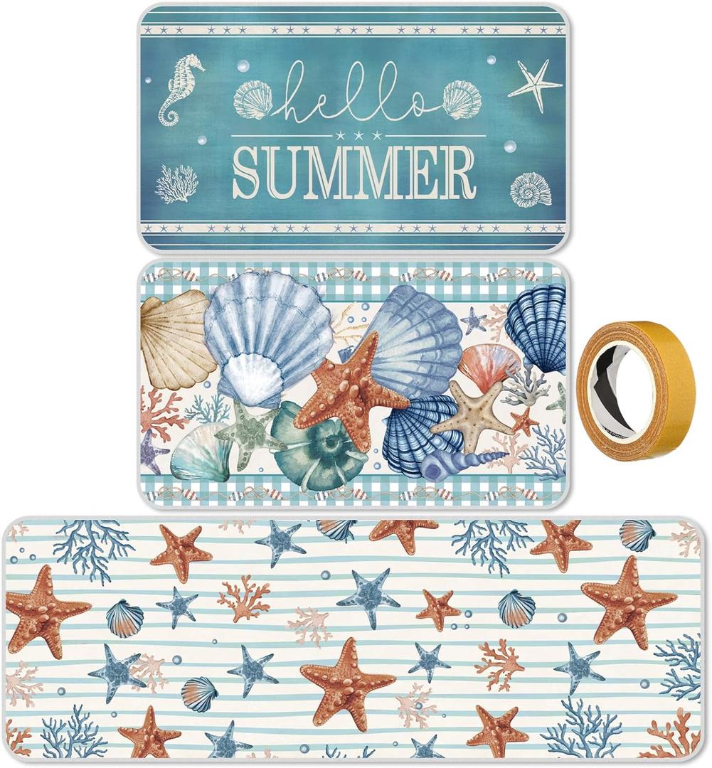 3 Pcs Summer Beach Kitchen Rug and Mats Sets Coastal Starfish Seashell Floor Mat Non Slip Blue Nautical Ocean Decor Rug for Kitchen Home Sink Standing Farmhouse Laundry