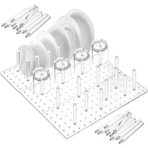 Kigley 3 Pcs Acrylic Pegboard Drawer Organizer with 32 Pegs - 16 x 5.91 in Clear Peg Board System - Drawer Organizers for Dishes, Food Containers, Cookware, Utensils - Kitchen