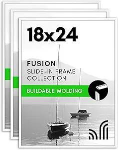 Americanflat 18x24 Poster Frame with Polished Front Cover - Set of 3 - Slide-In Photo Frame with Buildable Molding - Fusion Collection - Picture Frames for Wall Display - White