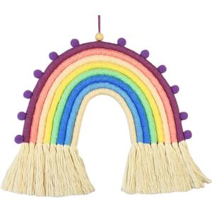 Woven Rainbow Wall Hanging with Pompoms, Boho Room Decor, Nursery Hanging Ornament, Kids Room Wall Hanging, Handmade Macrame Art for Nursery, Kids Bedroom,Macrame Rainbow, (Purple 2)