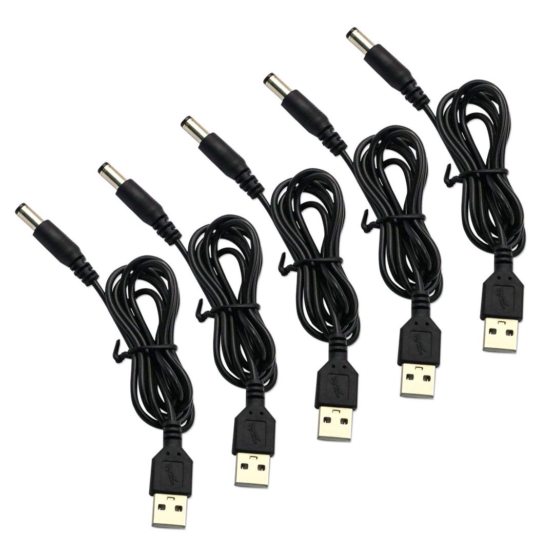 V TELESKY 5 Pack USB 5V to DC 5.5 x 2.5mm Jack Adapter Connector with Plug Barrel, 5Volt Step Up Charging Converter Black3.3Feet/1Meter