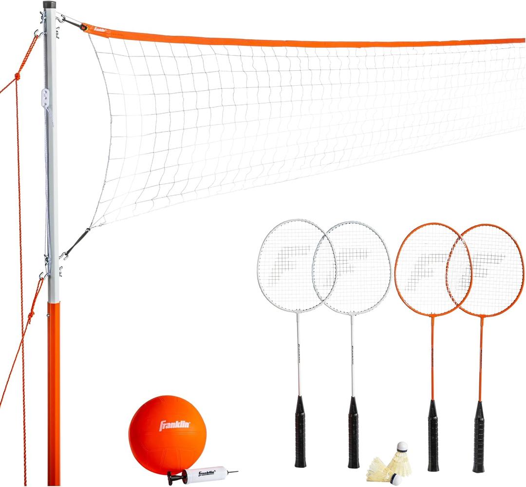 Franklin Sports Volleyball + Badminton Combo Sets - Backyard + Beach Outdoor Volleyball + Badminton Net Set - Portable Badminton + Volleyball Net with Poles - Volleyball, Rackets + Birdies Included, Net size : 20 Inch x 1. 5 Inch