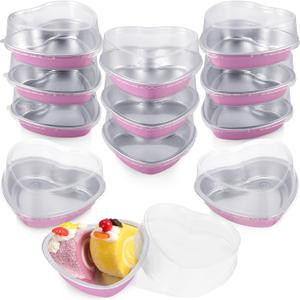 Fainne 12 Sets Mother's Day 5" Aluminum Foil Heart Shaped Cake Pans with Clear Lids 225 ml/ 7.92 oz Heart Cake Pan Mini Mother's Day Containers Disposable Dessert Baking Containers (Pink)