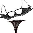 Lilosy Sexy Underwire Floral Lace Sheer Lingerie Set for Women See Through Bra and Panty 2 Piece (Small, Black)