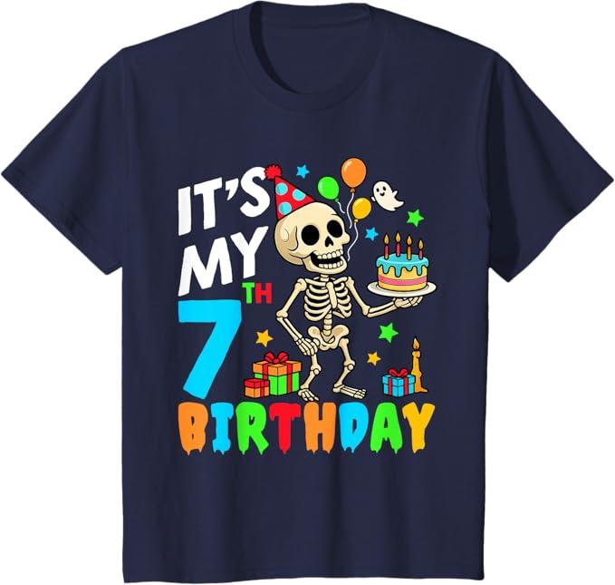 Kids It's My 7th Birthday Party Halloween Skeleton Birthday T-Shirt Navy Blue Small
