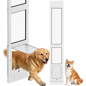 Dog Door for Sliding Glass Door with Magnetic Plastic Flat, Sliding Door Pet Doggie Door Insert with Lock, Adjustable Height No-Cut Required Doggy Door Access Renters, Apartments, Patio (White, L)