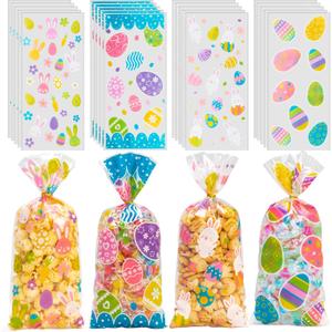 3 x GOMANCHE Easter Cellophane Candy Bags, 100pcs Easter Treat Bags with 100pcs Gold Twist Ties, Easter Candy Goodie Treat Bags for Kids Easter Party Favor Supplies