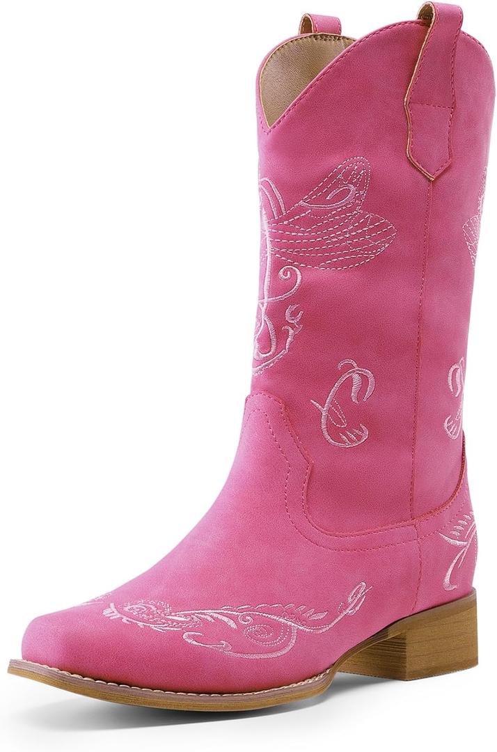 DREAM PAIRS Women's Square Toe Cowboy Cowgirl Boots Pull On Low Chunky Heel Mid Calf Western Boots with Embroidered Stitched for Theme Party Country Concert (7.5, Pink)