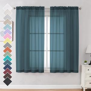 OVZME Dusty Blue Sheer Curtains 63 inch Length 2 Panels Set for Kitchen Decor, Elegant Light Filtering Airy Semi Voile Window Treatments, Each is 42W x 63L