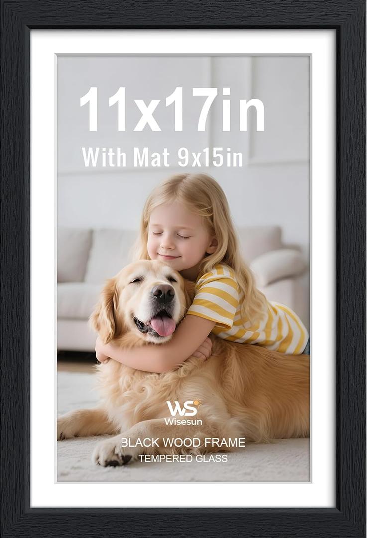 11x17 Picture Frame, Black Wood with Real Glass, 9x15 Mat, 1 Pack