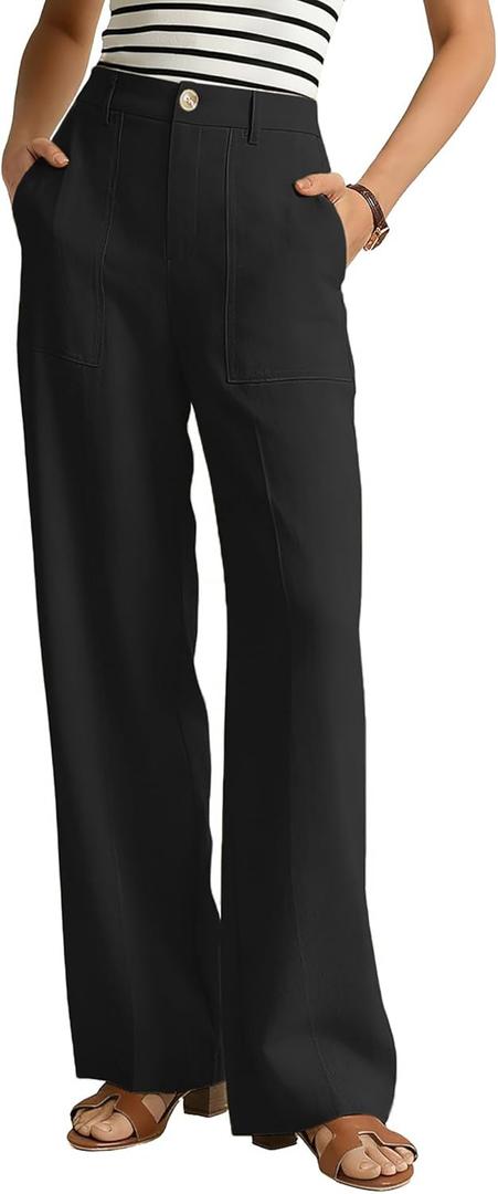 GRACE KARIN Linen Pants for Women,Work Dressy Trousers with Pockets,High Waist Wide Leg Summer Comfy Slacks Pant Clothes XL