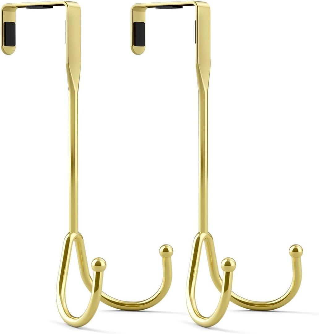 BAKON Metal Over The Door Hooks2-Piece Set of Double Hook Organizer Hanger, Ideal for Hanging Coats, Hats, Towels, and Bags (Gold)