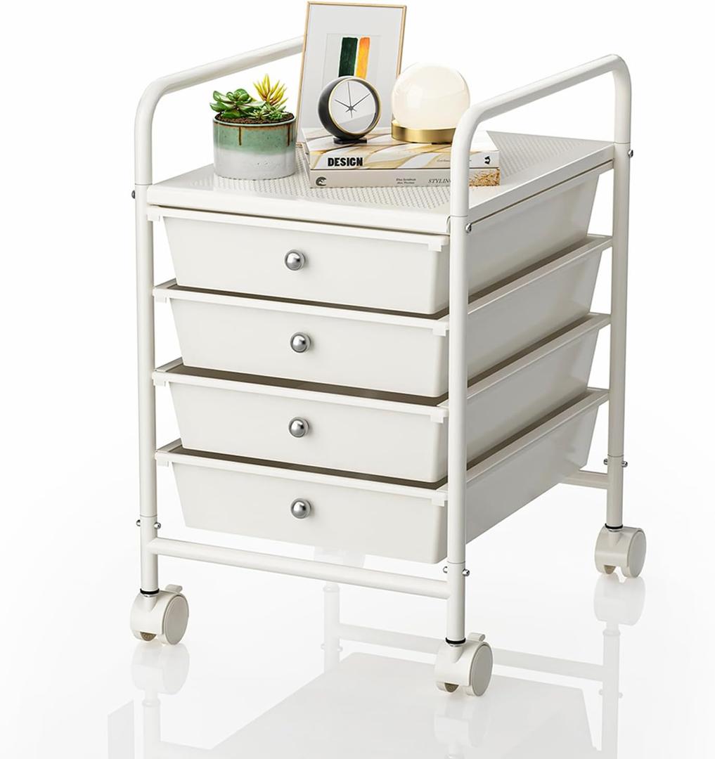4-Tier Utility Cart with 4 Drawers, Rolling Utility Cart with 2 Lockable Caster Wheels, Multipurpose Mobile Rolling Drawer Cart for Office Bathroom Kitchen, Ivory White