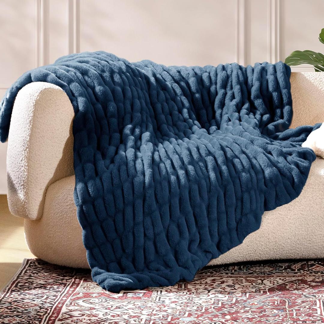 Ultra Soft Cozy Faux Fur Throw Blanket, Fuzzy Plush Thick Bubble Blanket, Oversize Luxury Fluffy Blanket for Couch, Sofa, Bedroom, and Living Room,50x60 Inches,Double Sided Blue