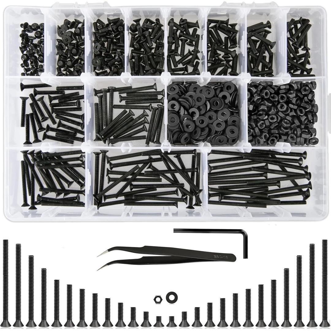 1023Pcs M3 Screw Assortment 13 Lengths 4mm to 40mm, Hex Socket Flat Head 10.9 Alloy Steel Nuts and Bolts Assortment Kit, Metric Machine Screws and Nuts, Washers, Black