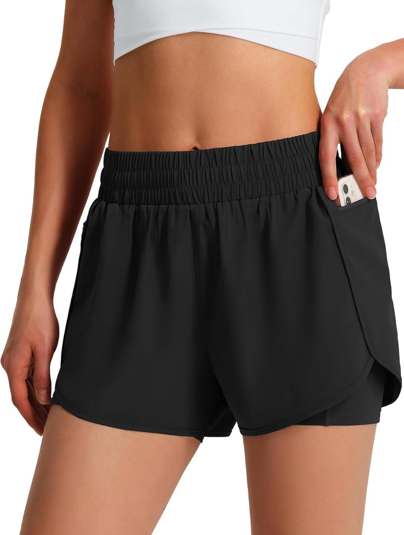Ksmien Women's Running Shorts Quick Dry Lightweight Athletic Workout Shorts with Liner Phone Pockets (Black)