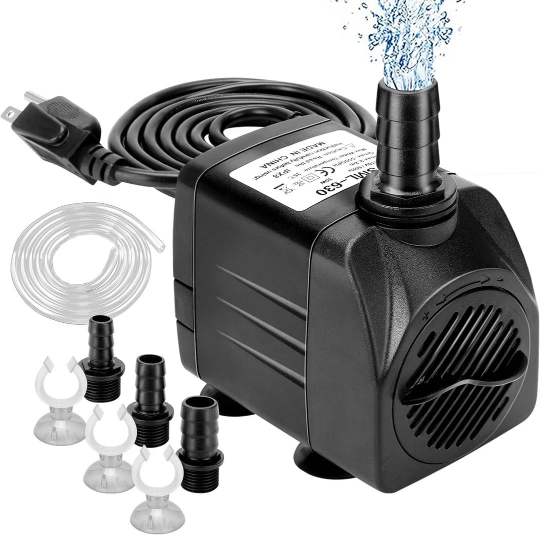 GROWNEER 550GPH Submersible Pump 30W Ultra Quiet Fountain Water Pump, 2000L/H, with 7.2ft High Lift, 3 Nozzles, 4.9 Feet Tubing for Aquarium, Fish Tank, Pond, Hydroponics, Statuary (6.6x5.1in)