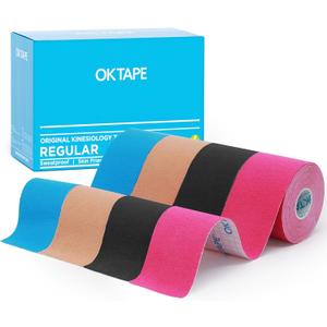 OK TAPE Regular Kinesiology Tape (4 Pack), Original Cotton Athletic Tape for Support Muscle Joint Knee, Sports Waterproof Tape Uncut Strips Latex Free, Hypoallergenic, 2in16.4ft - 4 Colors (4 Rolls, Beige+black+blue+pink)