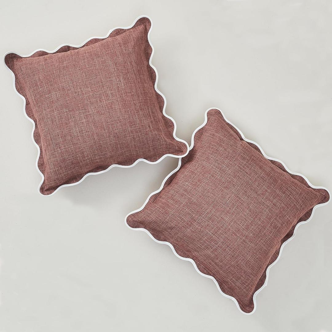 Scalloped Throw Pillow Covers Set of 2 for Living Room, Soft Cotton & Cozy Linen, Boho Sytle Decorative Home (Brown, 16x16 Inch)