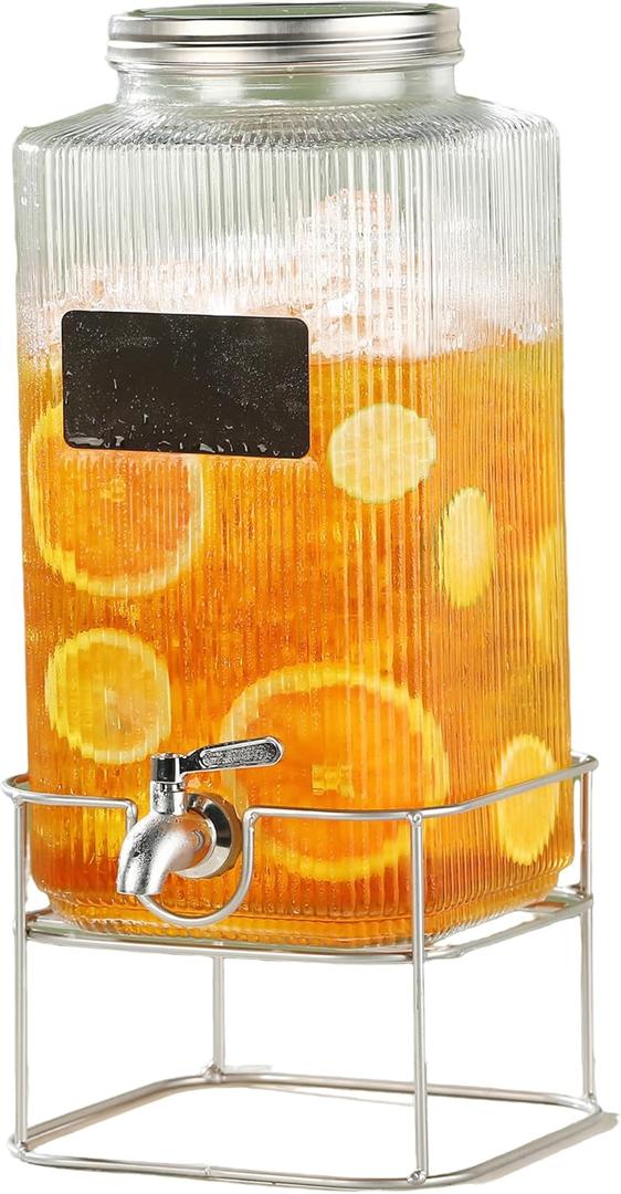 Lulonpon 6L(1.6 Gallon) Glass Drink Dispenser, Beverage Dispenser with Stainless Tap, Glass Water Juice Dispensers with Metal Stand, Water Jug with Tap Perfect for Parties,Weddings,Birthdays (Middle, Clear)