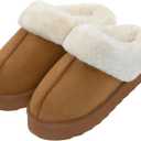 Womens Plush Platform Slippers Warm Fuzzy Winter Slippers Indoor/Outdoor Cozy House Shoes with Non-Slip Rubber Sole (7, Beige)