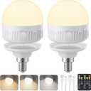 2Packs E12 Rechargeable Light Bulbs with Remote Control, 5W 350lm Magnetically Battery Operated Light Bulbs with 3 Color Temperature, Timer, Dimmer for Non-Hardwired Candle chandeliers Candelabra lamp