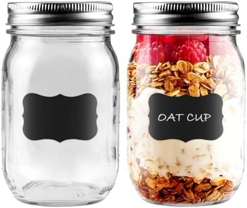 Showvigor 2-Pack 16oz Mason Jars with Labels - Regular Mouth Glass Jars with Airtight Lids & 2 Write-On Labels - for Canning, Overnight Oats, Meal Prep, Jam, Salad Dressing