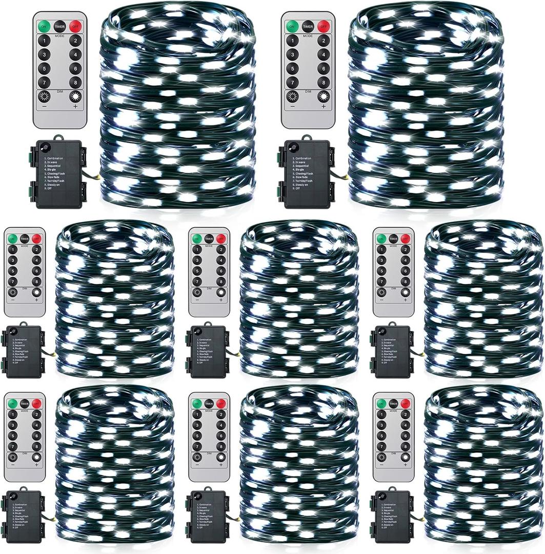 8 Pack Battery Operated String Lights 16.4 ft Fairy Lights 50 LED with Auto Timer Dark Green Copper Wire Twinkle for Indoor Outdoor Christmas Trees Wreath Decoration Patio Bedroom (White)