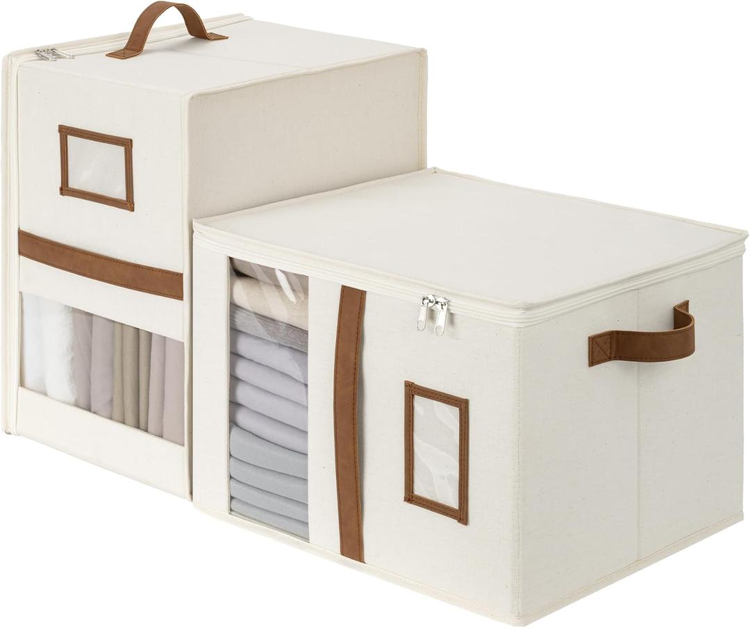 StorageWorks 2-Pack Bed Sheet Organizers and Storage, Foldable Bedsheet Holder for Linen Closet, Bedding Container with Handle, Beige, 15" D x 12"W x 10" H