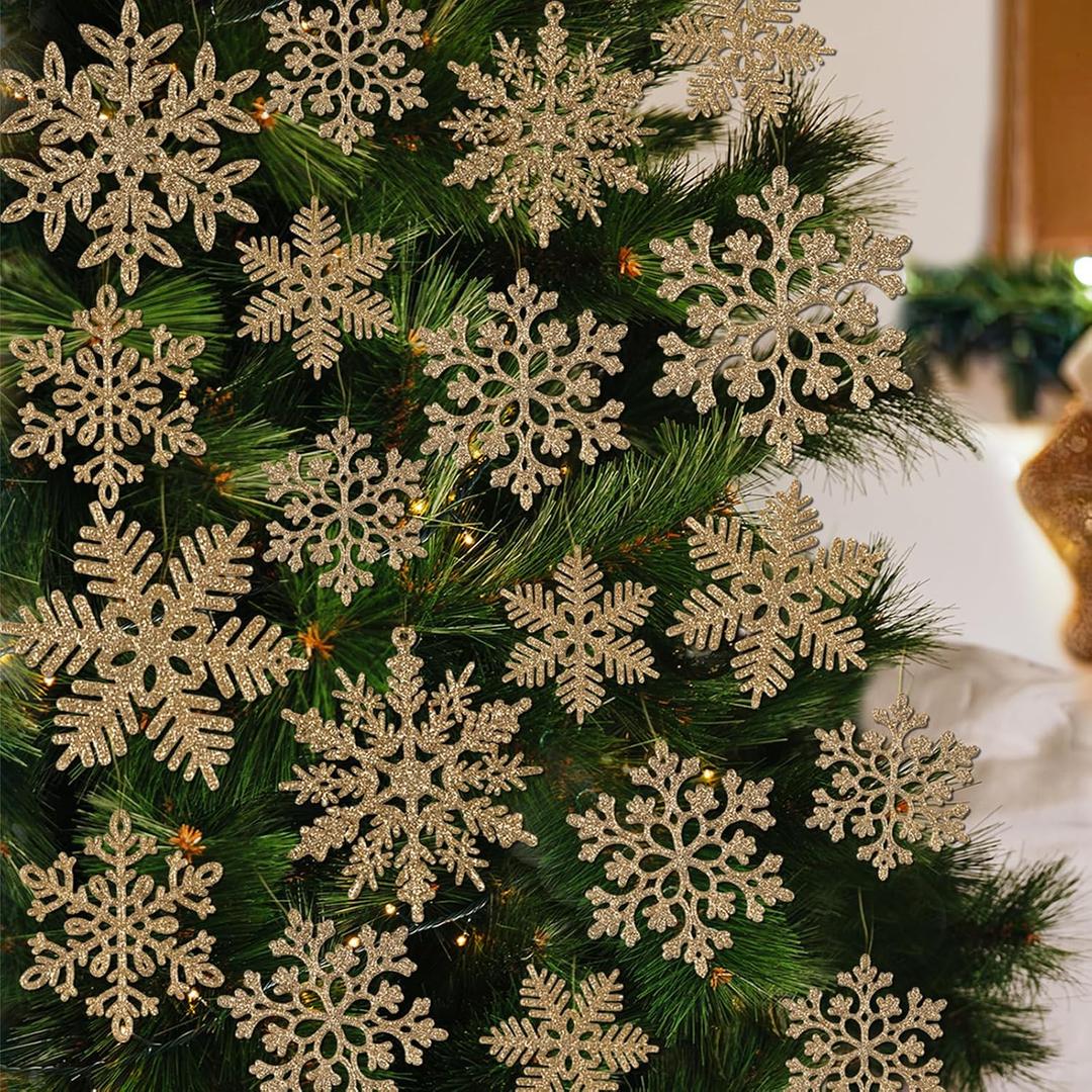 3 x 72Pcs Snowflakes Christmas Tree Decorations - Champagne Gold Christmas Tree Ornaments Hanging Glitter Snowflakes for Christmas Tree Winter Party Wall Ceiling Window Decorations