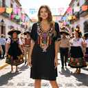 Grosy Women's Embroidered Mexican Peasant Dresses, Plus Size Fiesta Boho Dress for Women, Traditional Floral Bohemian Tunic (Black, XL)