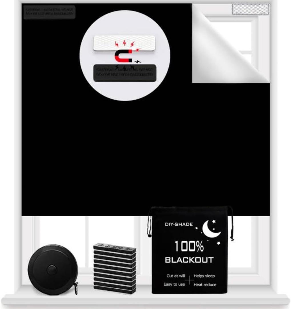 100% Blackout Blind Magnetic Window Cover 118 x 57Inch,No Drill,Cut Any Size/Shape,Portable Black Out Shades Curtains for Nursery Bedroom,Rv,Media Room with Magnetic Closure