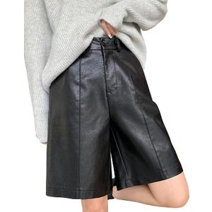 Lucrosun Women's Trendy Faux Leather Shorts High Waist Bermuda Biker Shorts (Black-XL)