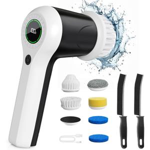 Electric Spin Scrubber, Shower Scrubber with Battery Level Display, Electric Scrubber for Cleaning with 6 Replaceable Heads, Brush for Bathroom/Sink with 2 Crevice Cleaning Brush