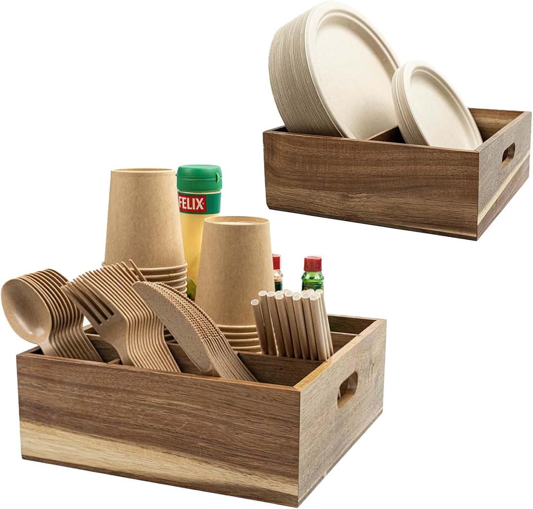 2 Set of Acacia Utensil Holder for Party - Wood Utensil Caddy for Parties and Paper Plate Dispenser for Countertop - Organize Cups, Spoons, Forks, Plates, Napkins - Kitchen Accessories