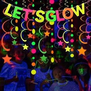 Neon Party Supplies Includes Let's Glow Banner, Round Dot Paper Garland, Neon Swirl Streamers,Glow in The Dark Party Supplies Decorations UV Blacklight Reactive Favor for Halloween Wedding Birthday
