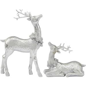 DN DECONATION 2pcs Gold Christmas Reindeer Figurines, Tabletop Reindeer Christmas Decor Indoor, Small Resin Xmas Brass Deer Decorations for Home Mantel Decor (Set of 2), Matte Silver