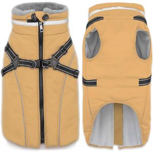 Fragralley Dog Coat with Harness Built in, Waterproof Windproof Reflective Warm Puffer Jacket, Fleece Lined Vest Winter Parka for  Large Dogs (Khaki)