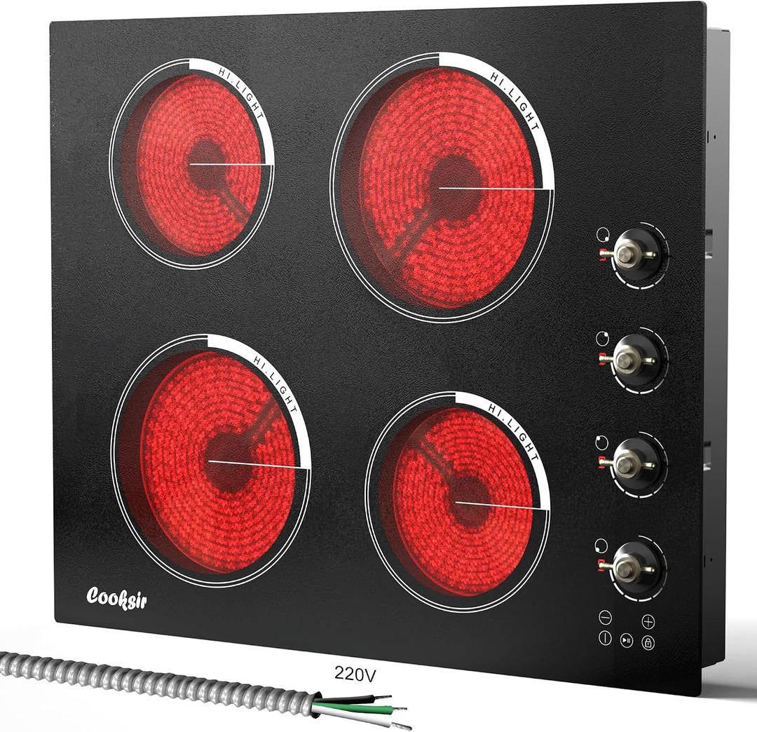 24 Inch Electric Cooktop - 4 Burner Built-in(22.05"x19.3") Glass Ceramic Stovetop 6000W, 220V Electric Stove Touch and Knob Control, Safety Lock, Pause, 99 Min Timer, 240V Hard Wire(No Plug)