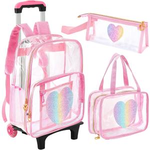 Eccliy 3 Pcs Pink Rolling Clear Backpack for Girl with Wheels Rainbow Heart Clear Backpacks Stadium Approved Backpack