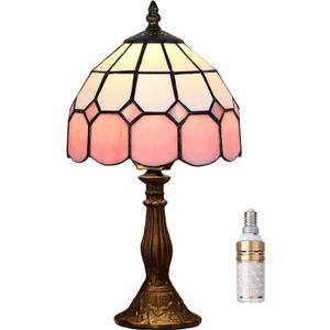 Table Lamp Tiffany-Style 8 Inch Mediterranean Series Stained Glass Lampshades Small Bedside Lamp Reading Antique Desk Light Livingroom Bedroom Office Vintage Art De(Color:Pink)