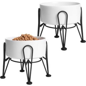 Elevated Dog Bowls, Ceramic Raised Dog Bowl Set with Anti-Slip and Non-Tip Metal Stand, 2 Pack Pet Food and Water Feeding Bowls for Small and Medium Dogs (White,3.6 Cups)